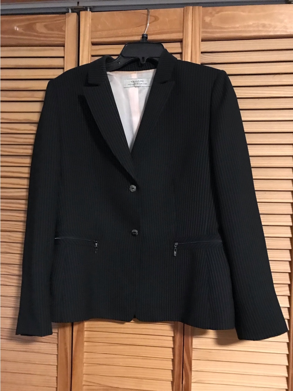 Black Pinstripe Tailored Blazer with Zip Pockets - Women's Professional Jacket